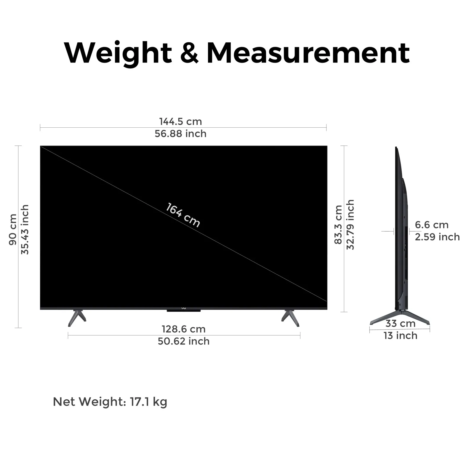 Dimensions and weight specifications of Vu Glo MiniLED TV 65 inch model